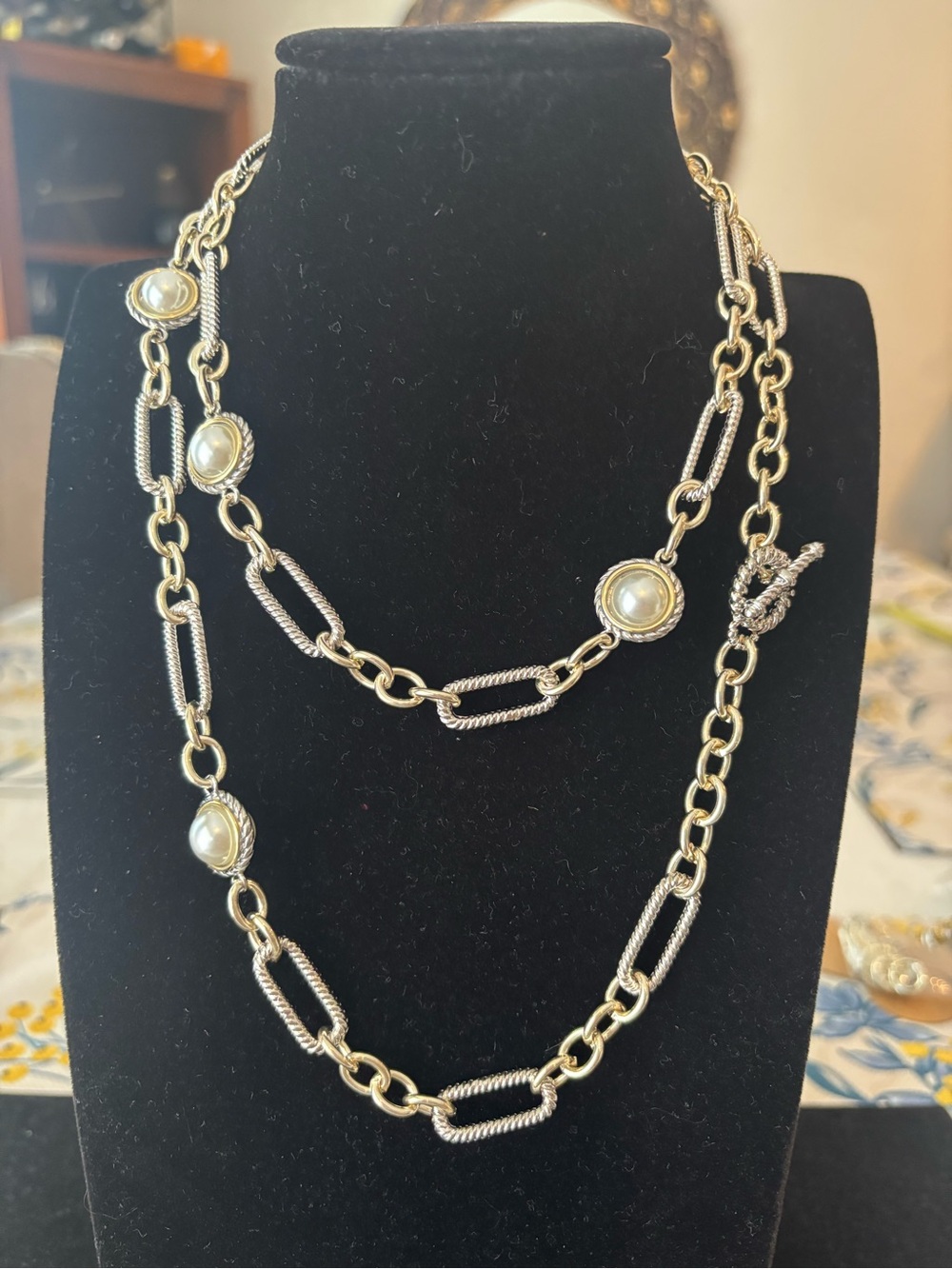 Gold-2 Tone Pearl Station Long Necklace - Layered Chain Style